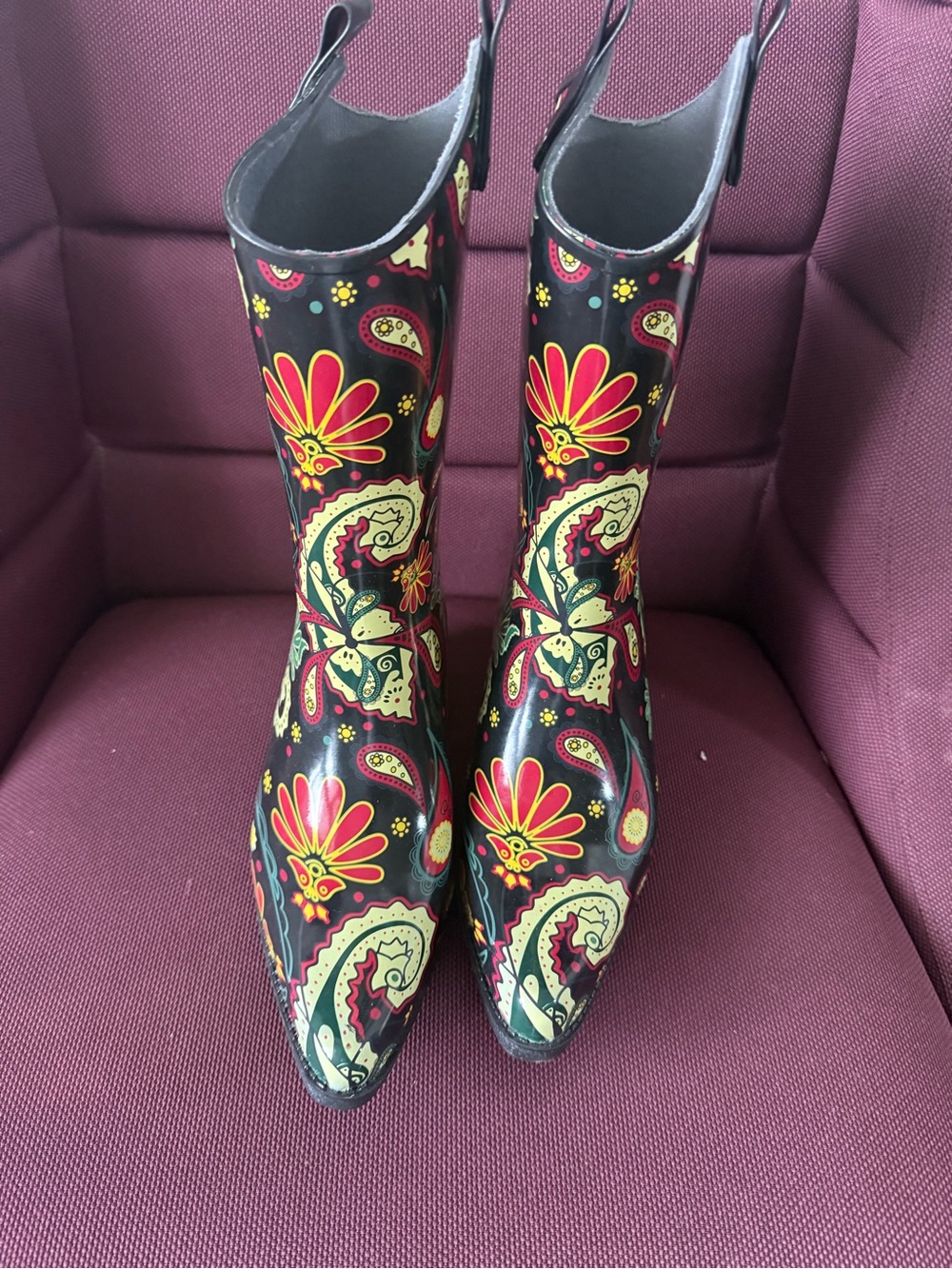 Nomad Black Rain Boots with Red and Yellow Paisley Floral Print